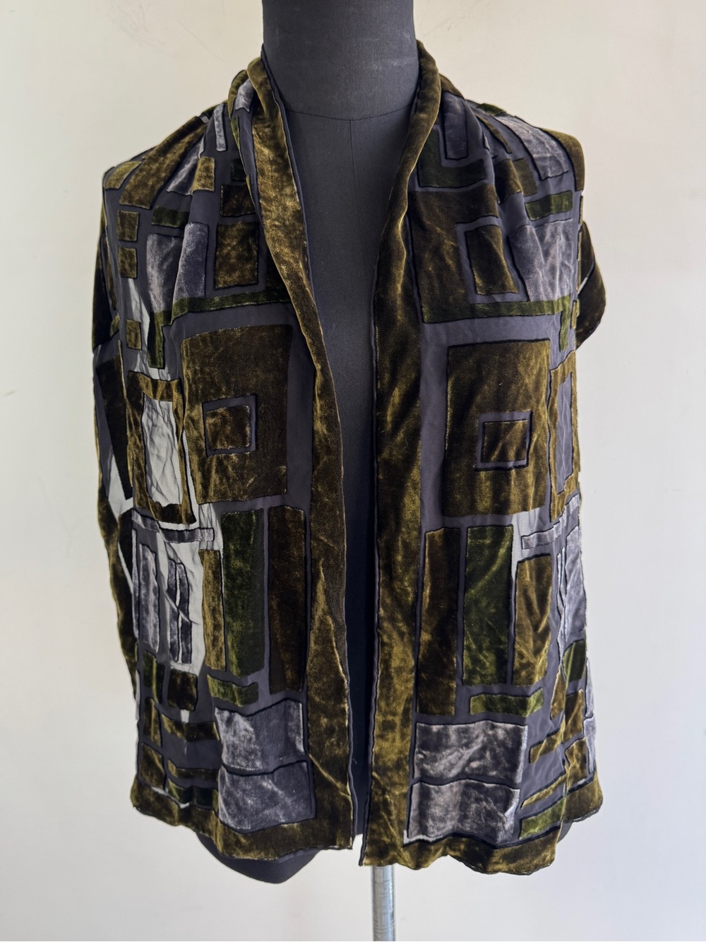 Olive Gray Velvet Geometric Scarf Artsy Boho Artsanal Lagenlook Eclectic Chic